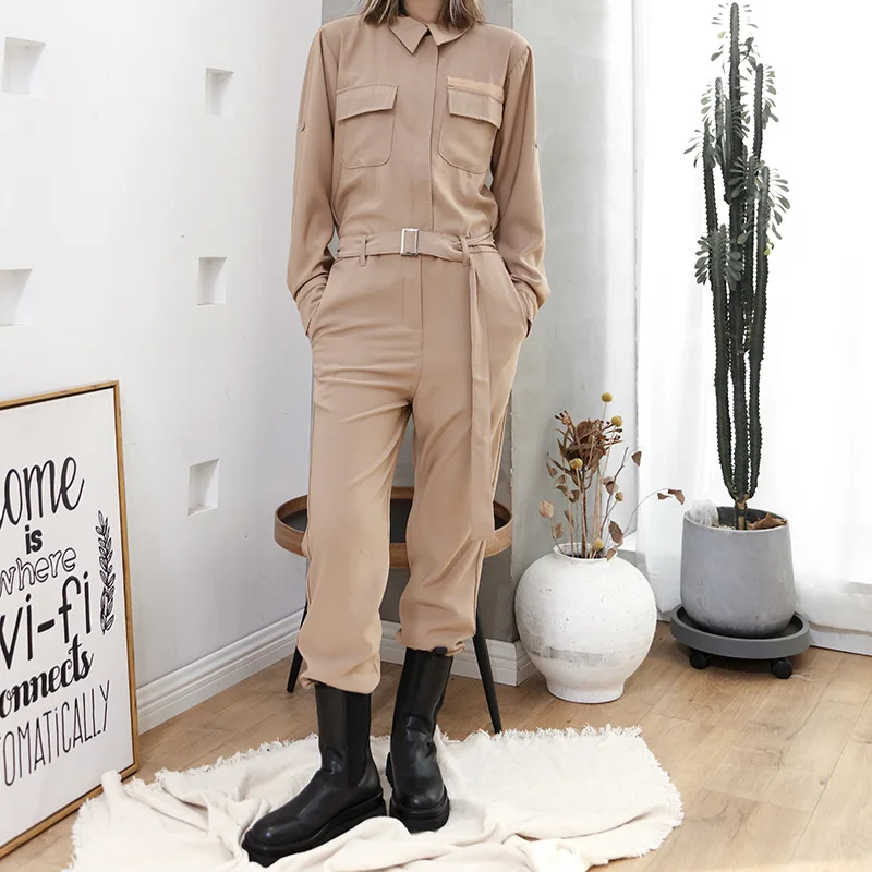 Jumpsuit Kargo Wanita Musim Semi dan Musim Gugur Baru Desain Ritsleting Ramping Khaki Kasual Celana Ukuran Besar Kepribadian