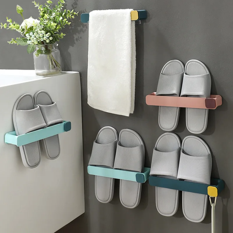 

Multifunctional Wall-Mounted Punch-Free Hook Bathroom Slippers Shoe Rack Household Towel Storage Rack 1 lots have 3 pcs