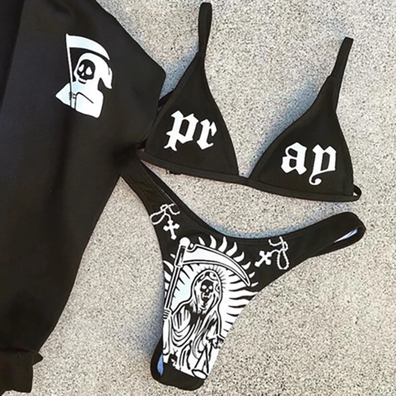 Women\'s Swimwear 2021 Cartoon Print Grim Reaper Gothpunk Women\'s Swimsuit Fashion Bikini Suit Beachwear Beach Party Ropa Mujer