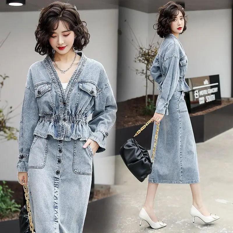 Two-piece suit Vintage Denim Sets Women 2024 Fashion New Autumn Elegant Temperament Slim Denim Jacket+Skirt Lady Clothing Suit