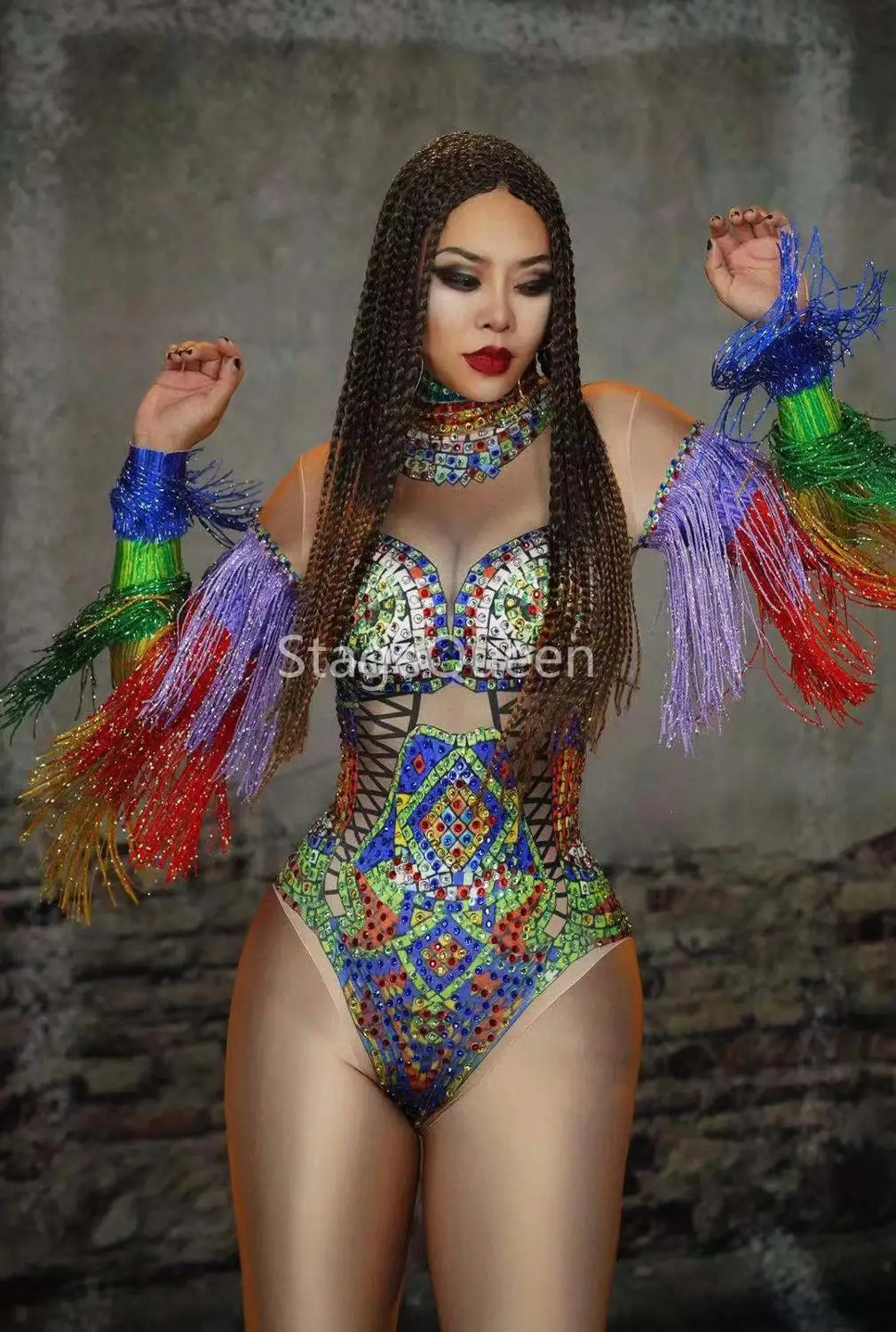 

Colorful Rhinestones Fringes Leotard Costume Women's Birthday Prom Celebrate Outfit Bar Evening Women Dancer Bodysuit