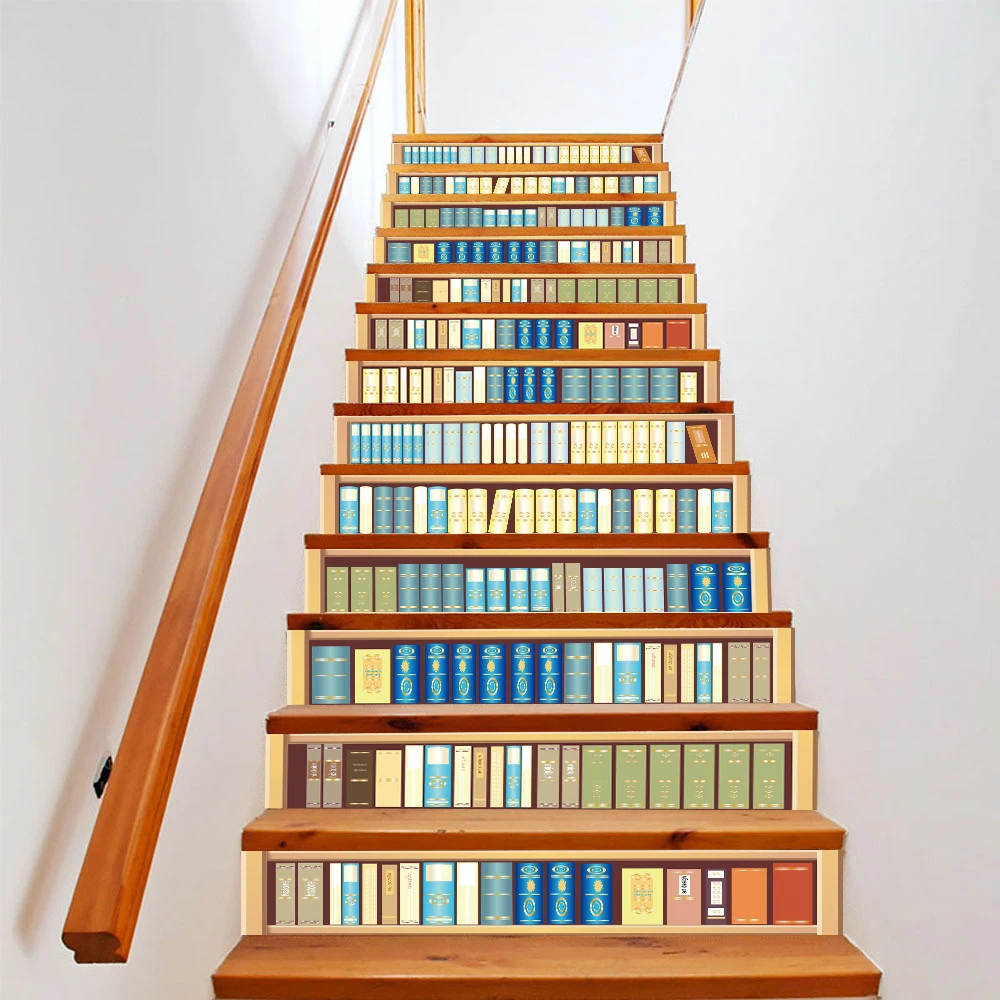 Creative Bookcase Staircase Sticker For House Stairs Decoration Art Wall Sticker Removable Waterpoof Self-adhesive PVC Wallpaper
