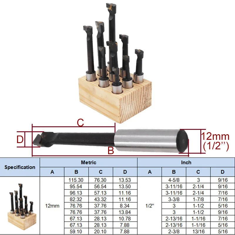 12mm 9pcs Hard Alloy Shank Boring Bar Boring Cutter Set Carbide Tipped Bars For F1-12 50mm Boring Head