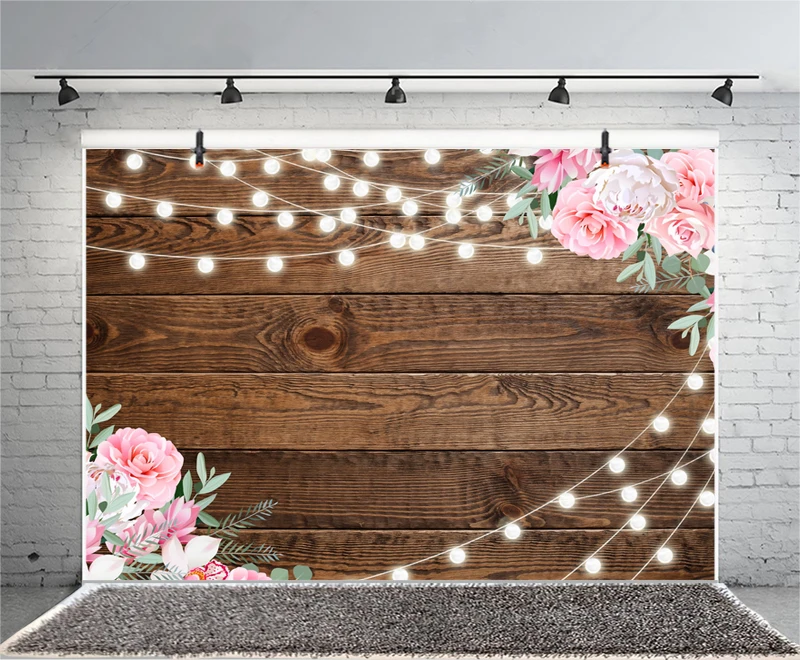 Rustikalen Floral Holz Hintergrund Für Baby Dusche Shiny Licht Braut Hochzeit Party Fotografie Hintergrund Foto Studio Requisiten Banner