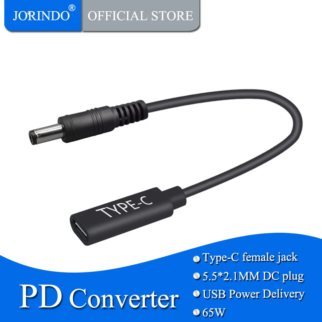 Jorindo 0.15m/0.49ft notebook pd cabo adaptador de carregamento, tipo-c fêmea jack para dc 5.5*2.1mm pd portátil linha de carregamento rápido, 65w