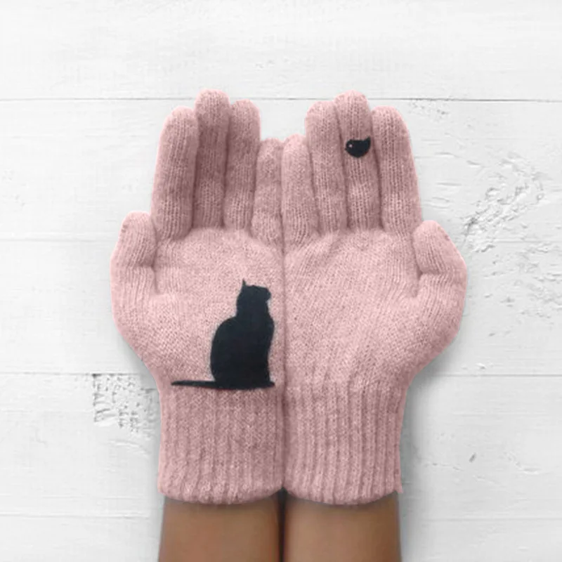 2019 Winter Warm Cold Cashmere Gloves Thick Cartoon Cat Print Wool Knitted Full Finger Gloves Men And Women Christmas Gloves