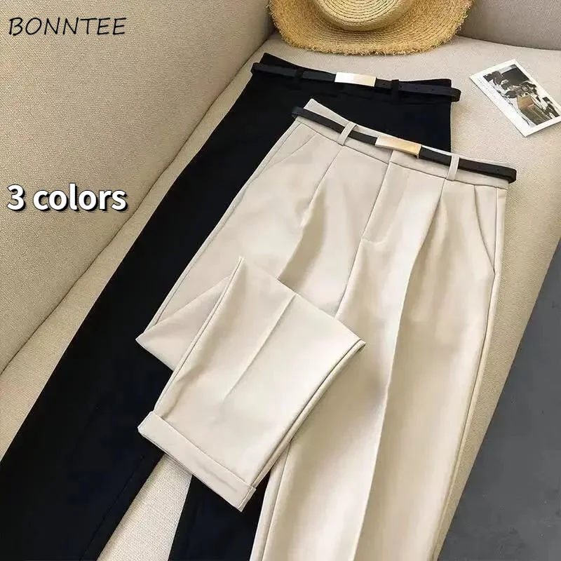 Pants Women Fashion Solid Color Sashes Casual Slim Straight Trousers Chic Business Mujer Retro Belt Korean Style Elegant Summer