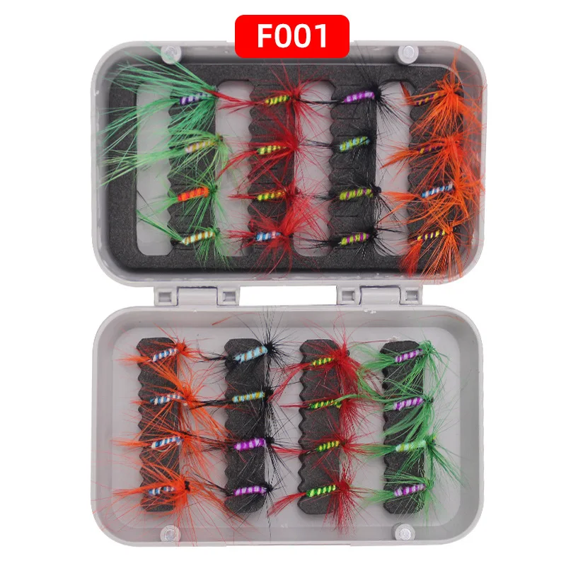 32pcs fly-fly hook set insect bait water surface for fishing with five-color feather flying rope and fly-line fishing bait fish