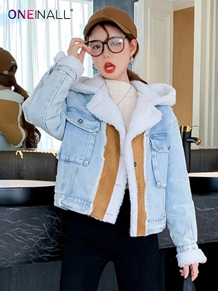 

ONEINALL Patchwork Denim Short Tops For Women Loose Lambswool Colorblock Plus Size Thick Coats Female 2021 Autumn Clothing New