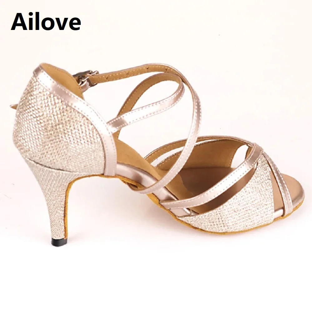 Women Ballroom Dance Shoes Gold Glitter Latin Salsa Tango Swing Rumba Waltz Peep-toe Dancing Sandals Multiple Heel Height ALS004