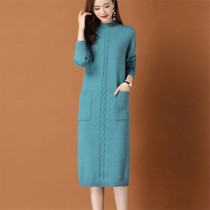 Koreanische Winter Halb Hohen Kragen Lange Gestrickte Pullover Frauen Jumper Damen Lose Große Tasche Lange Ärmel Stricken Pullover Kleid Weibliche