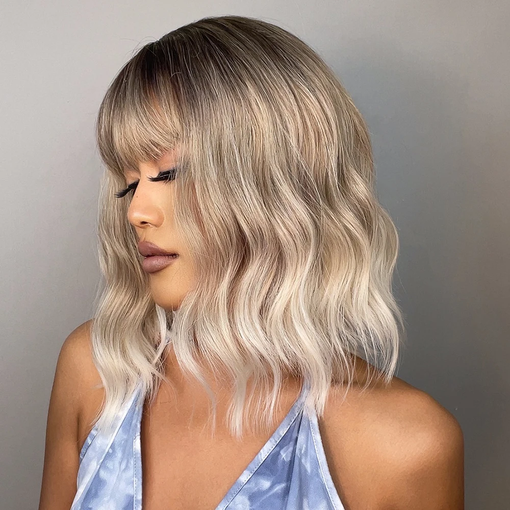 GEMMA Bob Wigs Ash Gray Platinum Synthetic Wig with Bangs for Black Women Short Wave Natural Daily Heat Resistant Cosplay Hair