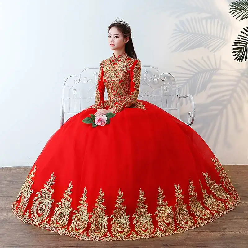 2020 Islamic Red Gold Lace Sequins Muslim Wedding Dress Long Sleeves Arabic Bridal Gowns Dubai Colorful Bride Ball Gown Dresses