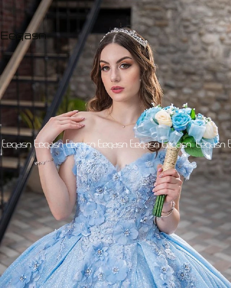 Sprankelende Hemelsblauwe Sweet 16 Baljurk Quinceañera Jurken Kralen Kanten Bloemen Vestido De 15 Anos Lange Prom Quinceanera 2024