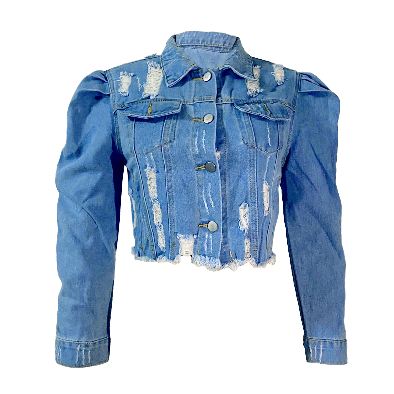 Y2k Women\'s Ripped Denim Jacket Casual Long Puff Sleeve Button Down Cropped Jean Coats for Fall