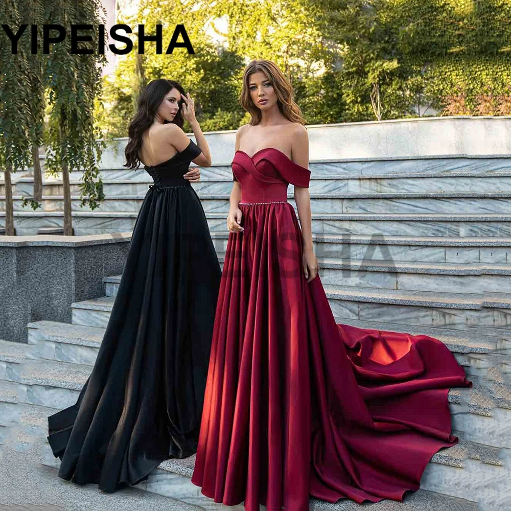 Sweetheart Off The Shoulder A-Line Evening Dresses Court Train Simple Beading Prom Party Gown vestidos  fiesta robes  soirée