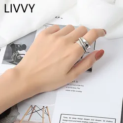 LIVVY Simple Silver Color Wide Open Adjustable Rings For Women Trendy Fashion Jewelry Daily Party Birthday Gifts