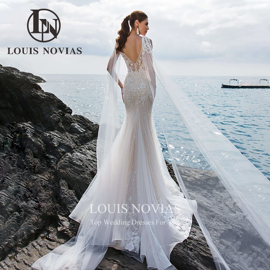 Louis novias-女性の人魚のウェディングドレス,セクシー,スパゲッティストラップ,ホルター,ビーズ,深いVネック,ウェディングドレス