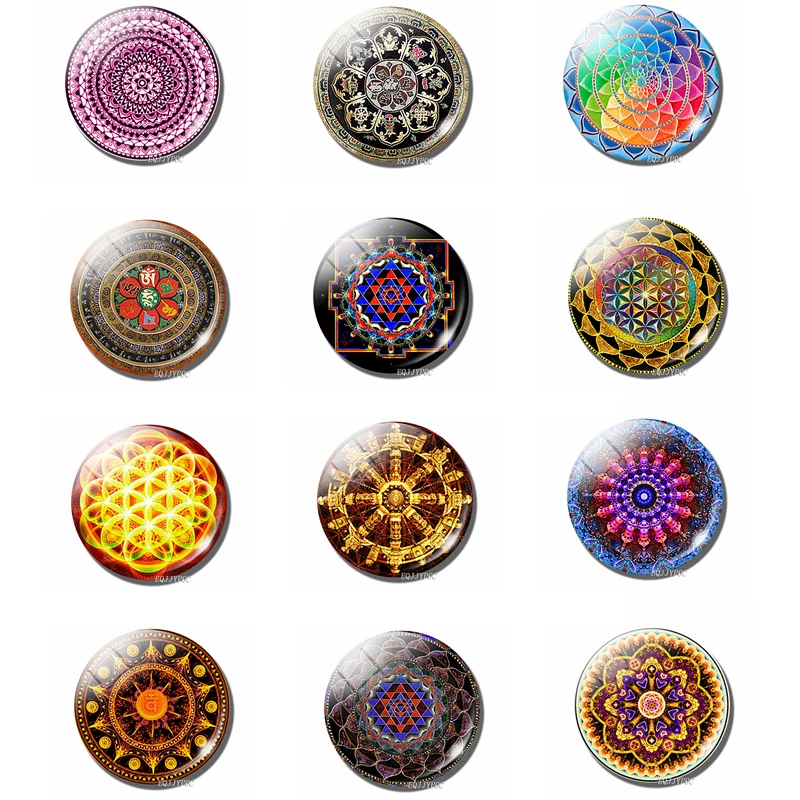 Luminous Mandala Flower Yoga Double-Sided Glass Ball Keychain Retro Buddhism Chakra Henna Keyring Pendant Car Keychain Jewelry