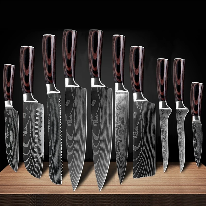 7CR17 Japanese Kitchen Knives Set Laser Damascus Pattern Chef Knife Sharp Santoku Cleaver Slicing Utility Knives Tools