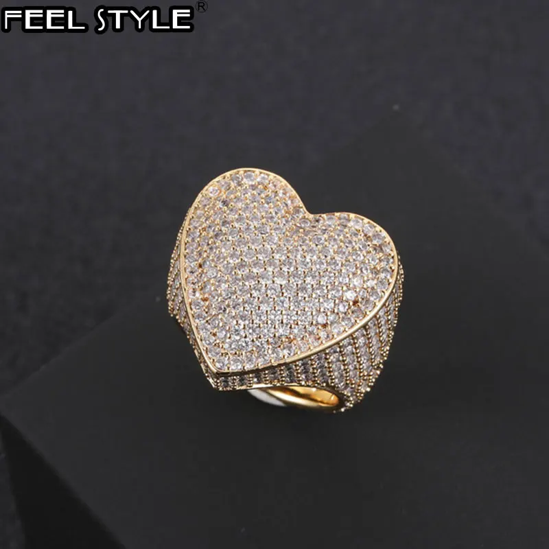 Hip Hop Full Heart Micro Paved Iced Out Bling AAA+ CZ Stone Copper Cubic Zircon Ring For Men Women Jewelry