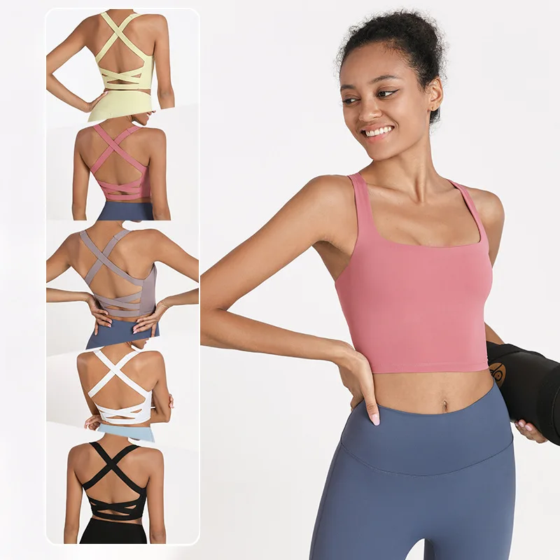 Sexy Double Cross Shockproof Sports Bra Women Fitness Underwear Push Up Yoga Crop Top Bras Solid Athletic Vest Gym Shirt