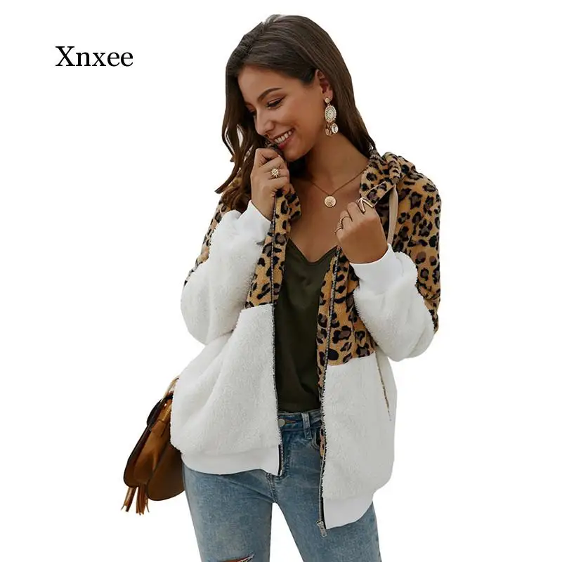 

Leopard Patchwork Women Teddy Coat Autumn Hooded Fluffy Plush Winter Faux Fur Jacket Coat Women Overcoat