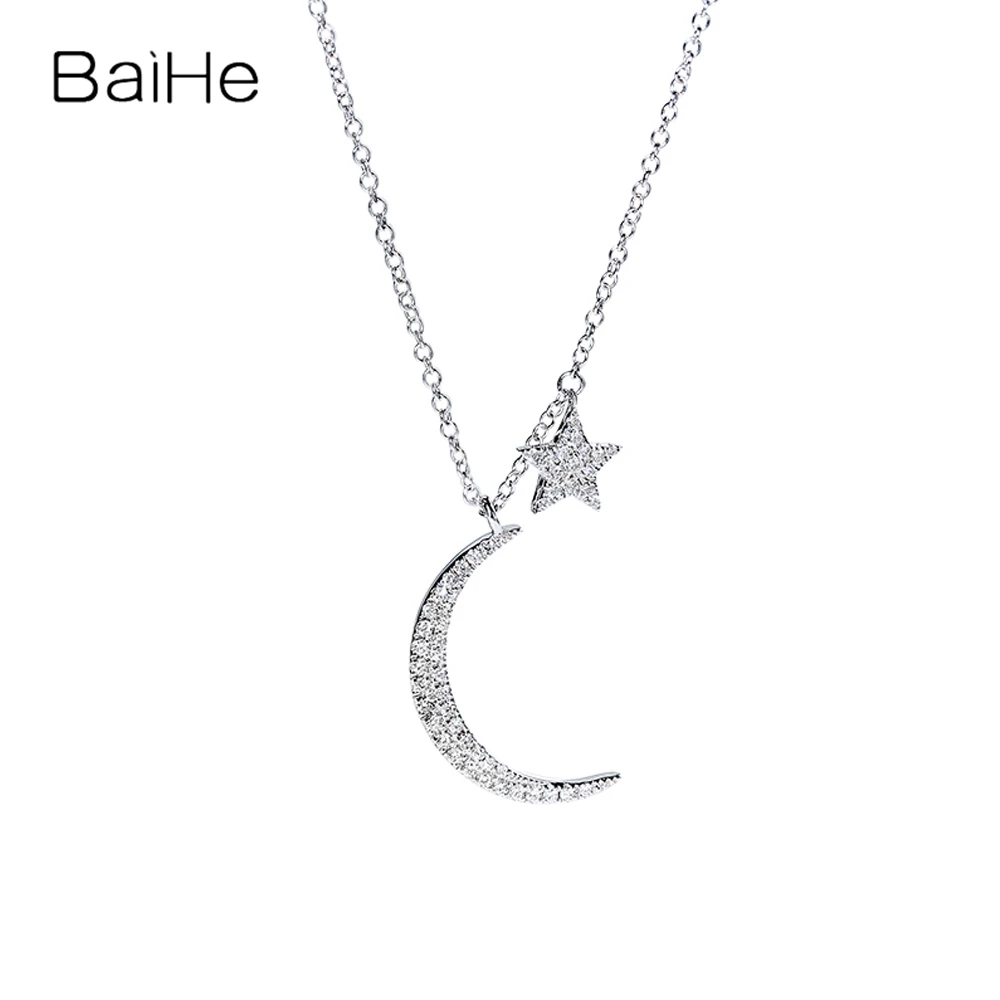 

BAIHE Solid 18K White Gold Natural Diamond Necklace Women Party Fine Jewelry Making Star Moon Necklace Doğal Pırlanta Kolye