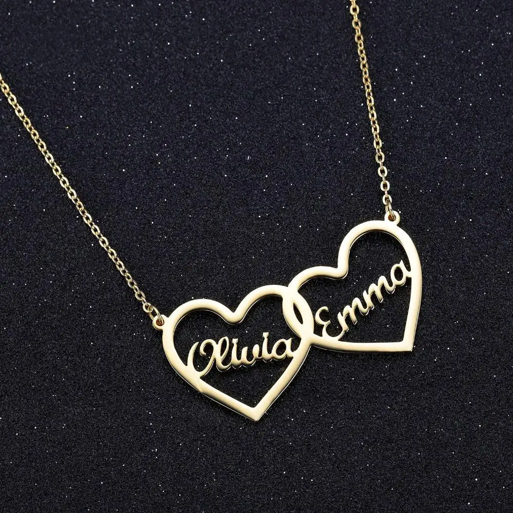 

Two Hearts Custom Necklaces Gold Color Stainless Steel Jewelry Personalized Couples Name Choker Mother's Day Gift For Women