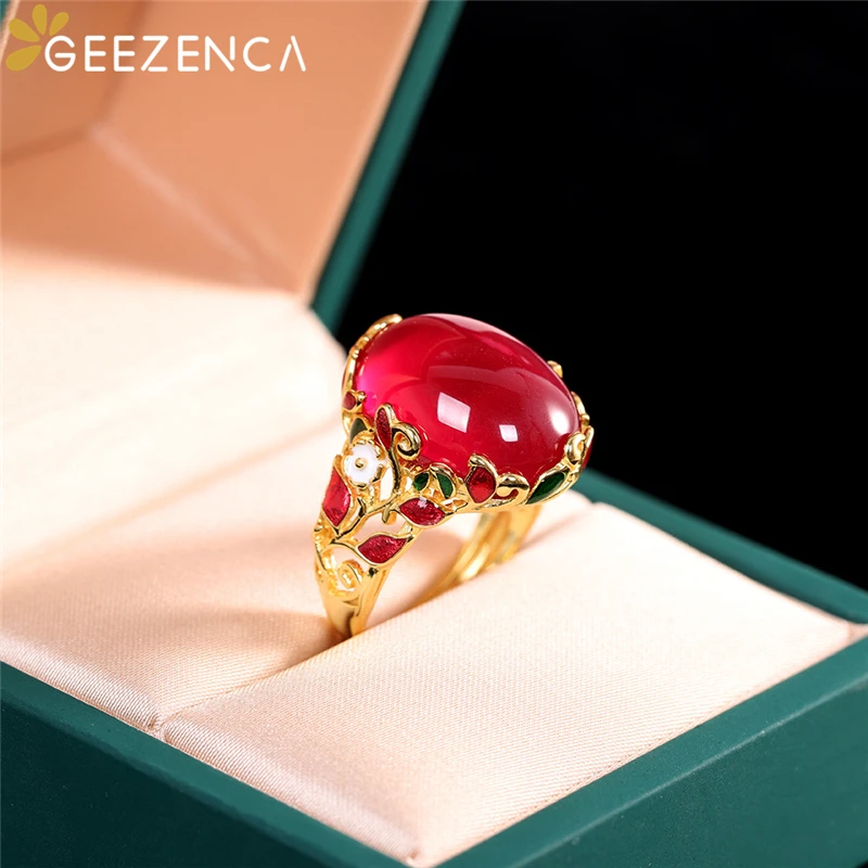 GEEZENCA S925 Silver Gold Plated Enamel Red Corundum Jewelry Sets Earrings Ring For Women Vintage Trendy Cloisonne Fine Jewelry
