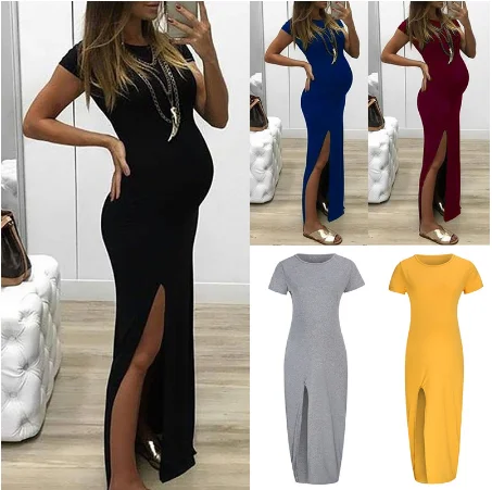 

Women Solid Tight-fitting Long Pregnant Dresses Pregnancy Dress Short Sleeve Open Fork Maternity Dress Vestido Gestante