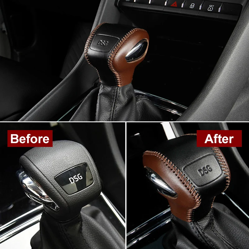 Auto Hand Sewing Leather Gear Shift Knob Cover Handbrake Lever Protective Sleeve For Skoda Kodiaq 2017-2021 Car Accessories