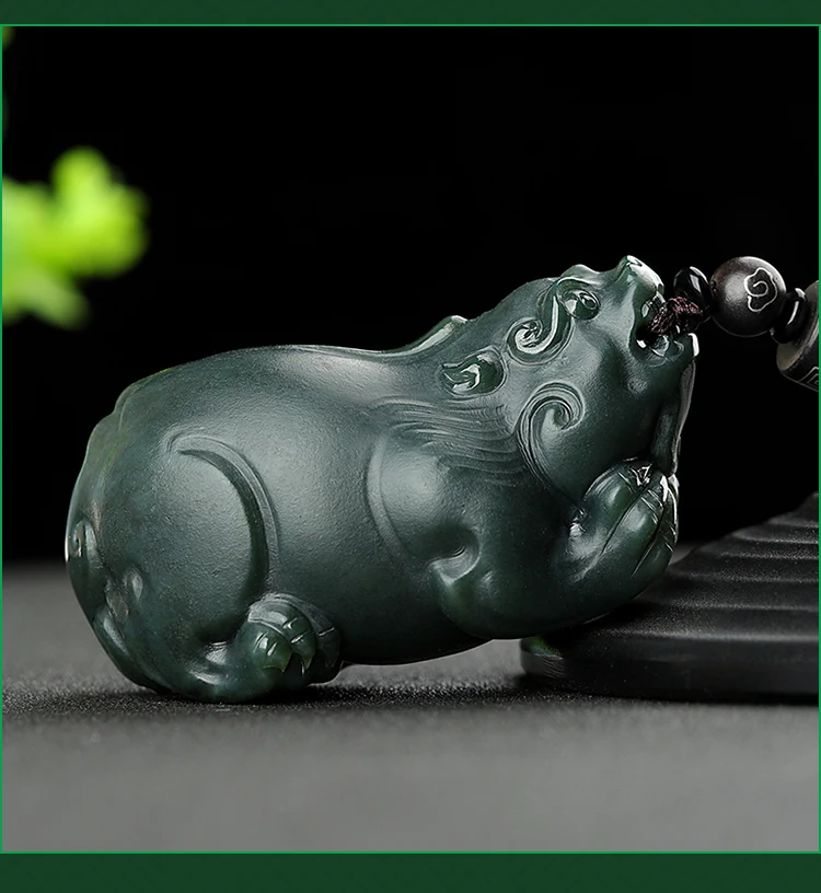 Ancient China Carving Natural Hetian Qingyu Pixiu Handle Piece Xinjiang Overlord Jade Portable Pendant Taqing Jewelry