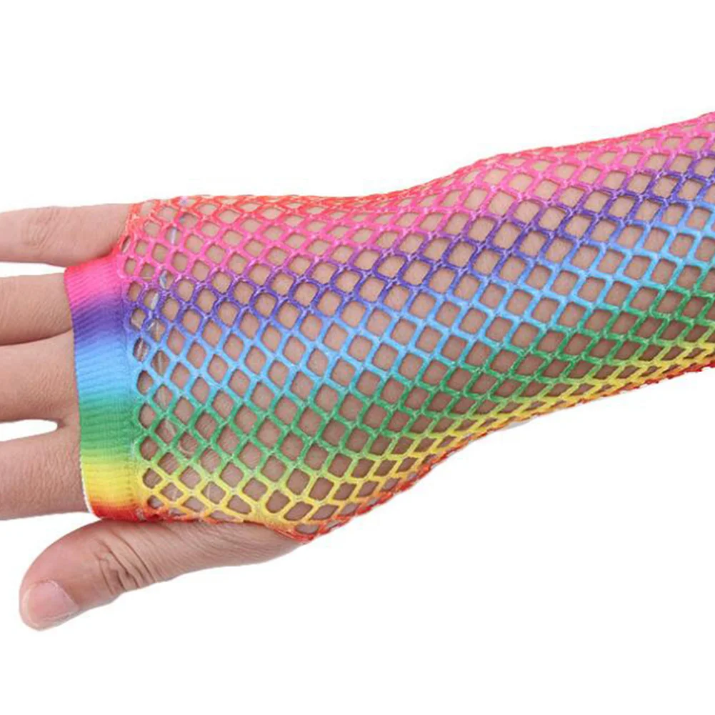 New Ladies Sexy Rainbow Color Mesh Net Fishnet Gloves Hollow Out Holes Fingerless Gloves Lady Disco Dance Costume Half Mittens