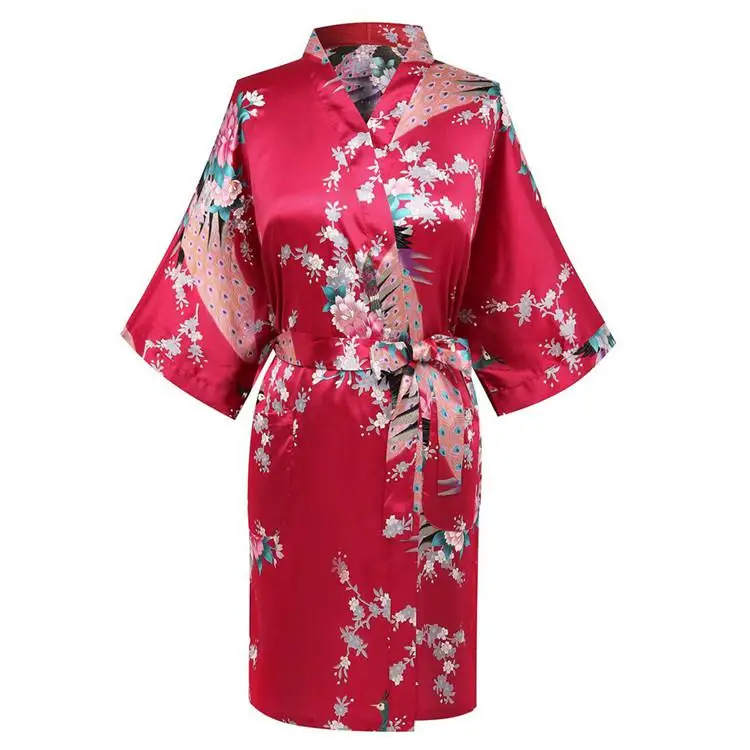 CEARPION-bata de baño Sexy para mujer, ropa de dormir con estampado de flores y pavo real, Kimono de satén, ropa de casa de talla grande, S-3XL