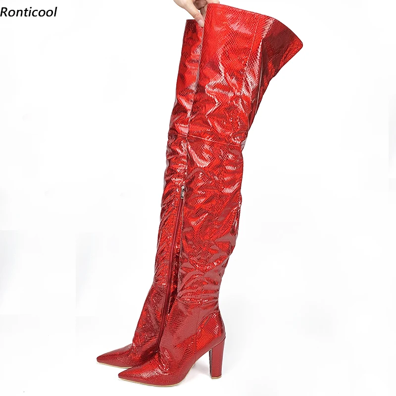 Olomm Women Winter Thigh High Boots Block Heels Snake Pattern Pointed Toe Gorgeous Red Club Wear Shoes Ladies Plus US Size 5-15