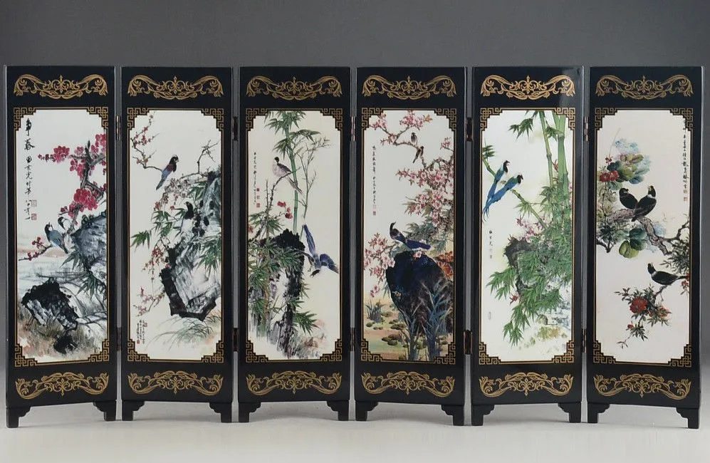 

Chinese woodcarving screen, lacquer face auspicious bird calligraphy and painting, decorative crafts