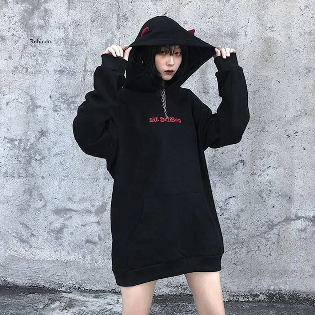 Spring Autumn Women Sweatshirts High Street Harajuku Cute Hoodies Punk Gothic Devil Horn Chic Hooded Pullover Loose Sweat Hoodie