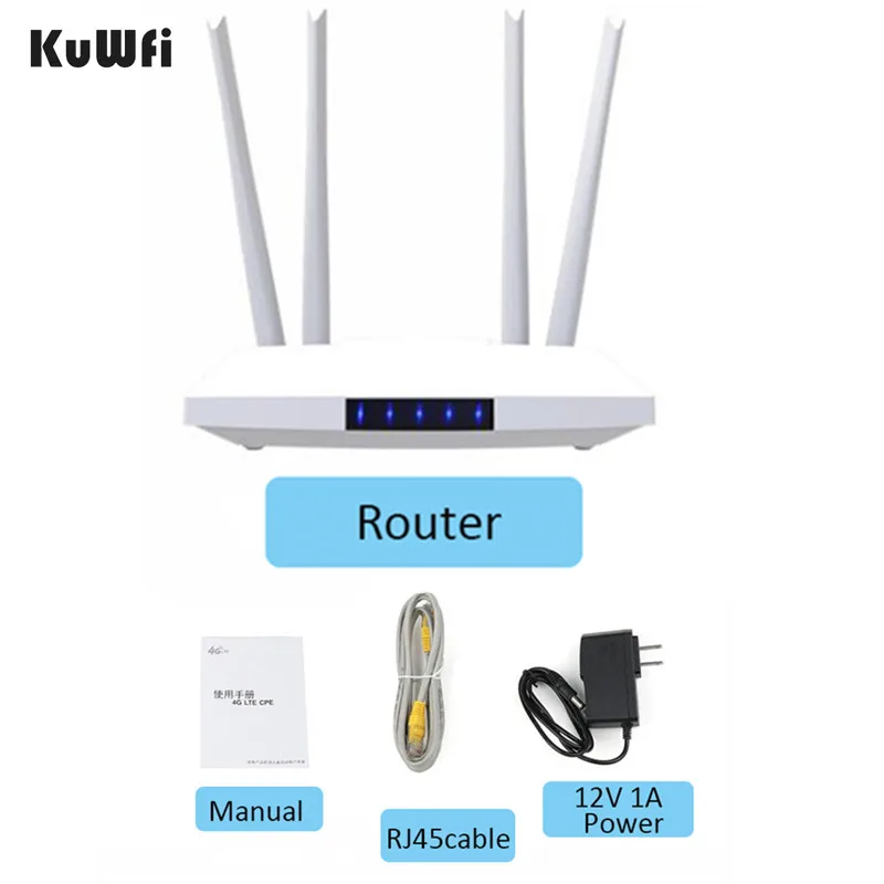 KuWFi 4G wifi router With sim card Slot RJ45 WAN LAN External antennas High Speed 150Mbps Wireless LTE Router 32 Users