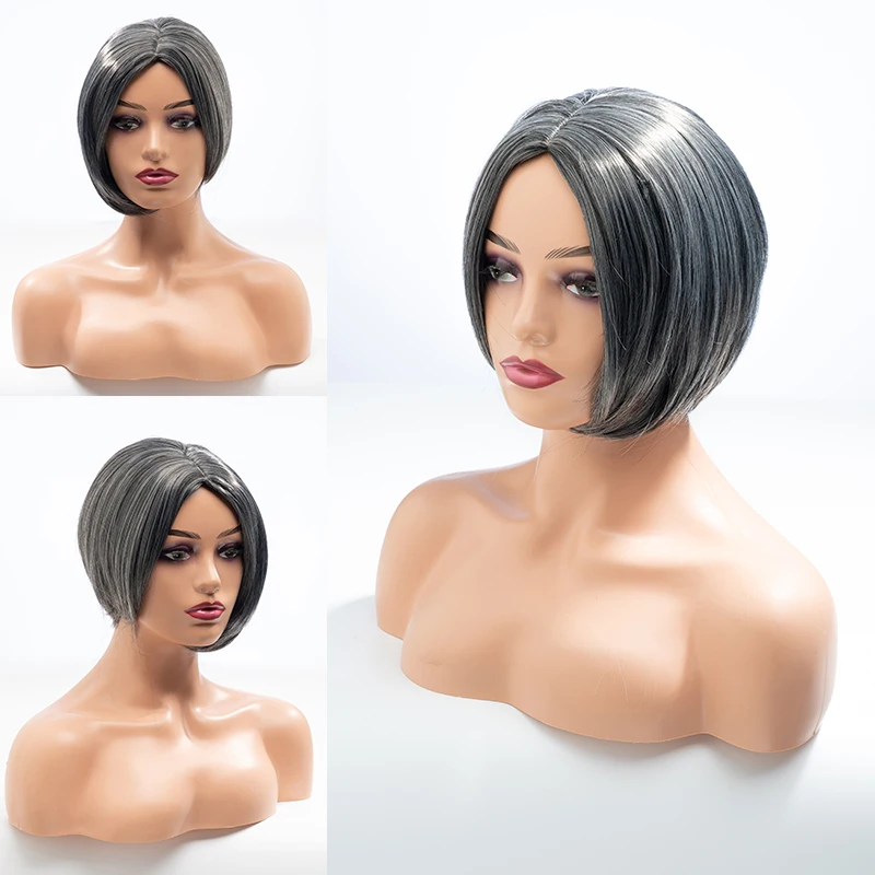 

Ladies synthetic wig, natural wig, mixed silver and black, heat-resistant role playing 10 inches