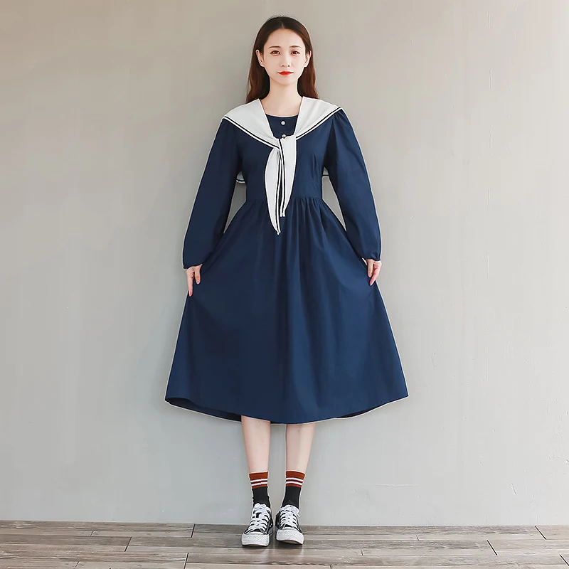 Japanese Kawaii Navy Dress Women Clothes Removed Sailor Collar Vintage Long Sleeve Large Size Sweet Loose Casual 2 Piece Dresses