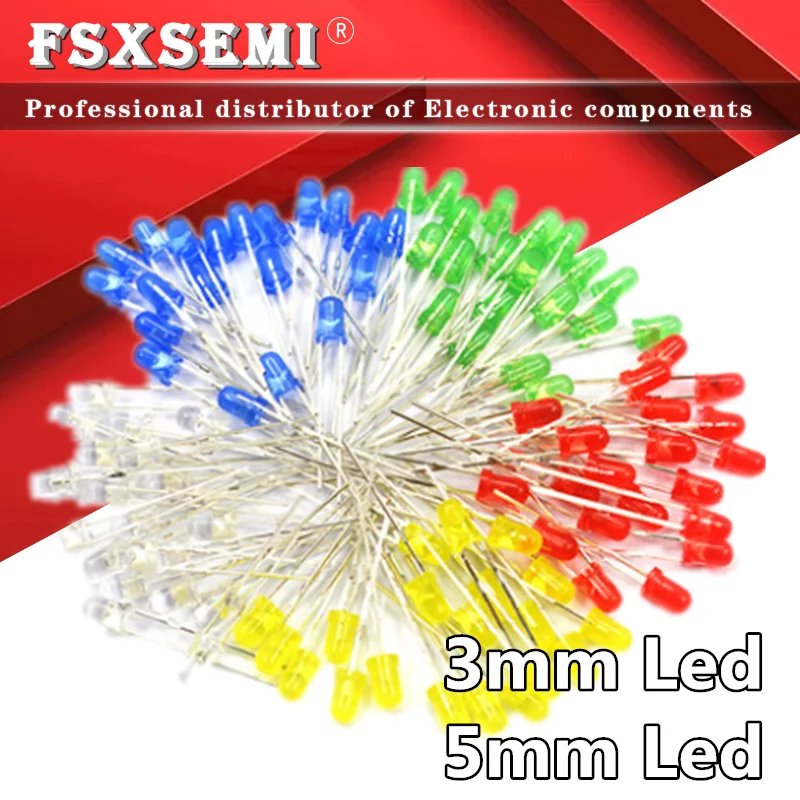 100pcs 3mm 5mm LED Red Green Yellow Blue White Orange  F3 F5 LED Diode Electronic kit Clear Light Diodes Set