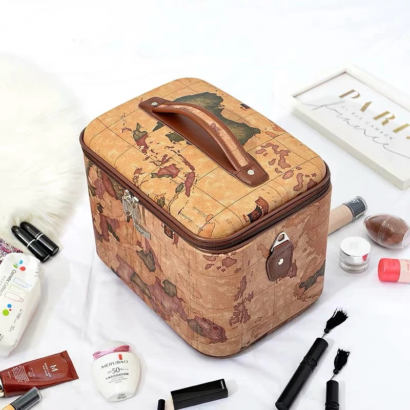 

Women Vintage map Cosmetic case,Nails Makeup Toolbox,Fashion Beauty Box Luggage Suitcase,Tattoo hangbag Wash bag storage bag