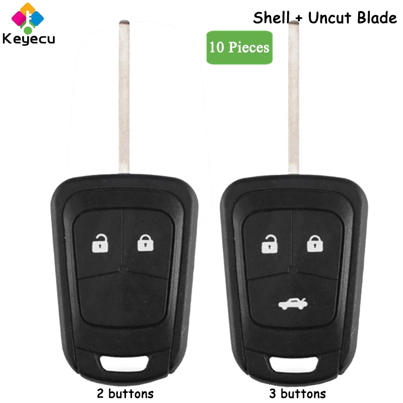 KEYECU 10 Pieces Remote Car Key Shell Case With 2/ 3 Buttons & HU100 Uncut Blade - FOB for Chevrolet Aveo Camaro Sonic Cruze