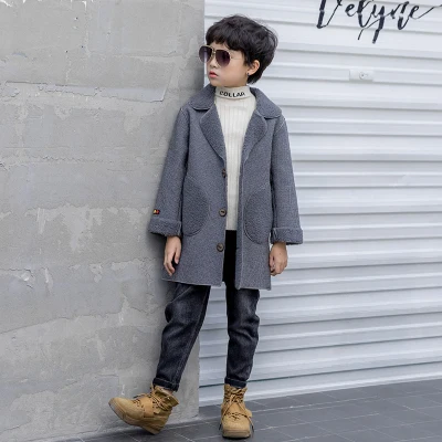 Children Casual Woolen Coat Fall Winter Boys Handsome Plush Velvet Heavy Outerwear Clothes Kids Splicing Pocket Trench Coat X498