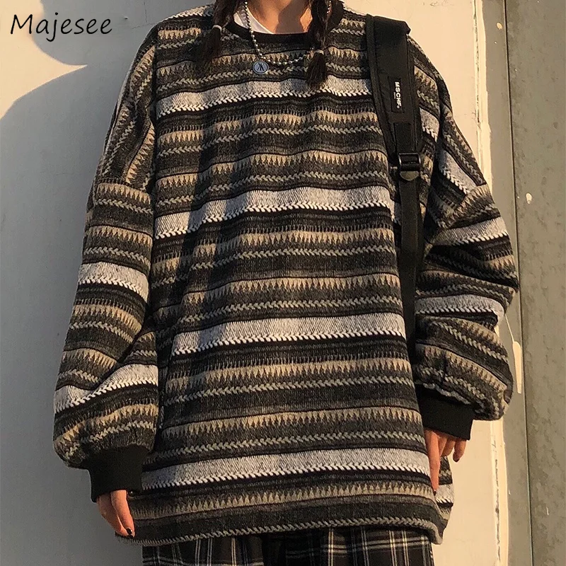 

Men Pullovers Sweater Wool Thicken Winter Striped Couples Loose Vintage Knitting Stylish All-match Retro Teens Sweaters Leisure