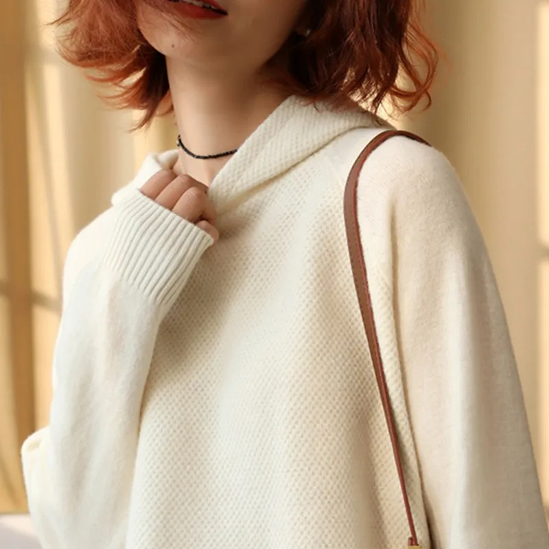 2021 Cashmere Hoodie Women\'s Casual loose wool knit hoodie sweater in solid color with base