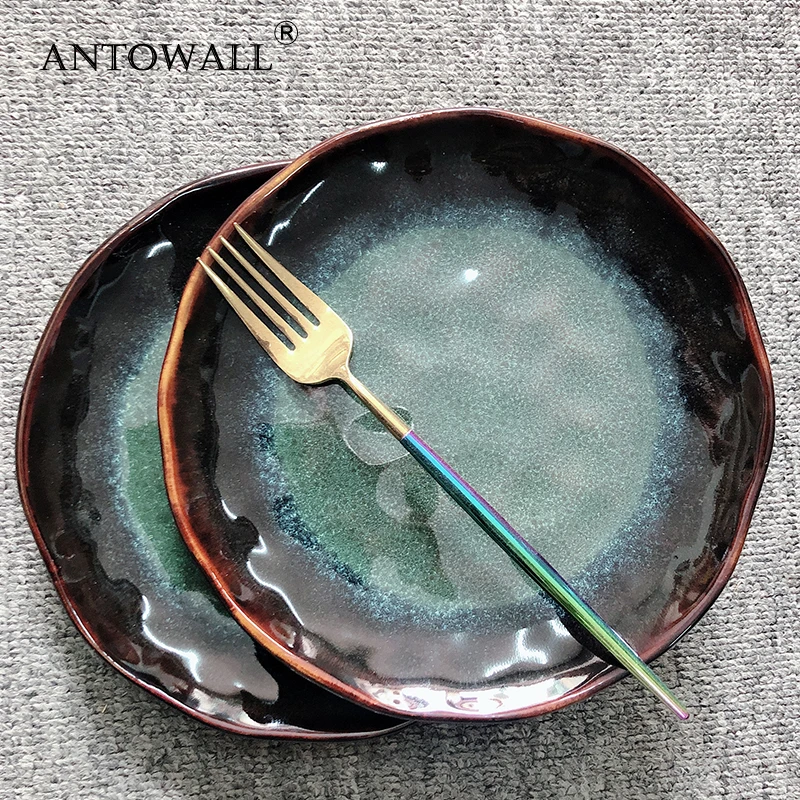 ANTOWALL Emerald Green Agate Red Retro Ceramic Tableware Plate 8inch Western Food Steak Plate Dinner Plate