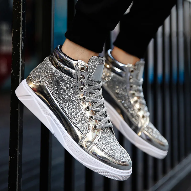 2024 Men PU Leather Casual Shoes hip hop Gold Fashion Sneakers Male Silver microfiber high tops Sequin Male Shoes