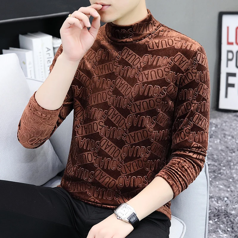 Green Turtlenecks Velour T Shirts For Mens Velvet Stylish Winter Tops Brown Pullover Fashion Unusual Clothes Products Men Jumper